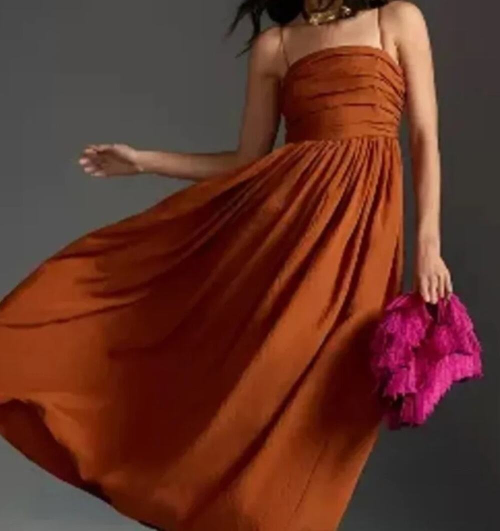By Anthropologie The Lorelei Dress Cedar Orange Ruched Bodice Midi Women's XS